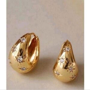 NEW! Anthropologie Celestial Stars Crystal Dome Huggies Hoop Gold Earrings
